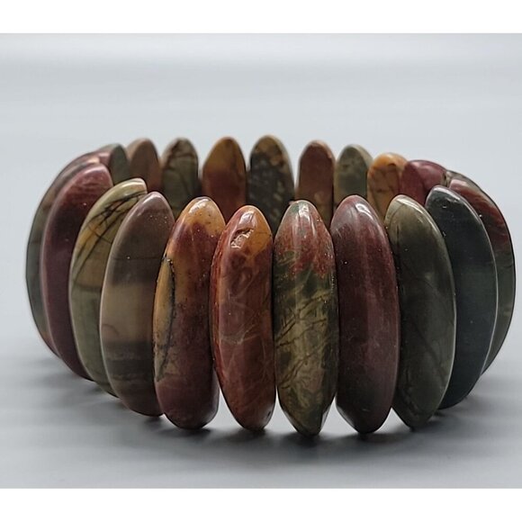 Natural Jasper Stretch Bracelet Multicolor Half Moon Wedges Green Red Orange 8" - Picture 3 of 15